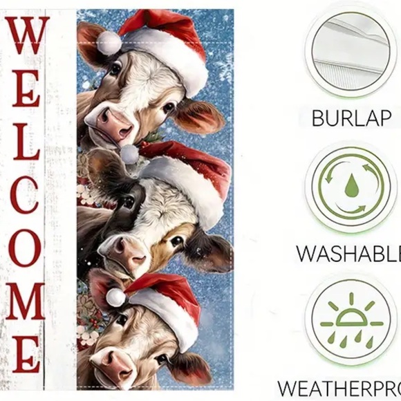 NIP 1pc, 12x18”  “Welcome” Cows in Santa Hats Flag Burlap, Double Sided - Picture 3 of 3